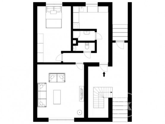 1.NP - zvýšené přízemí, Byt 2+1 -plocha 55 m2, koupelna, samost.WC