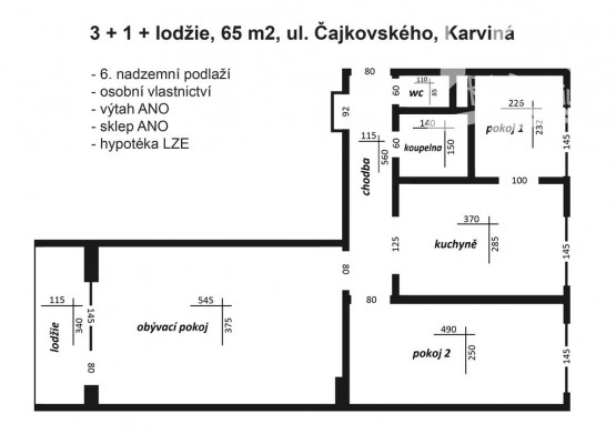 půdorys_Prodej, 3+1 / lodžie / sklep, 65 m2, ul. Čajkovského, Karviná