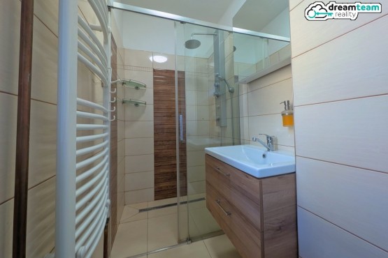 Koupelna v přízemí s velkým sprchovým koutem a moderním designem